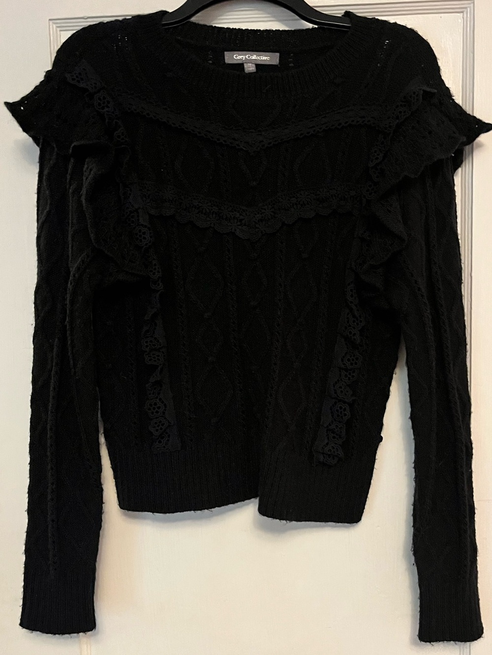 Black Ruffle Cable-Knit Sweater
